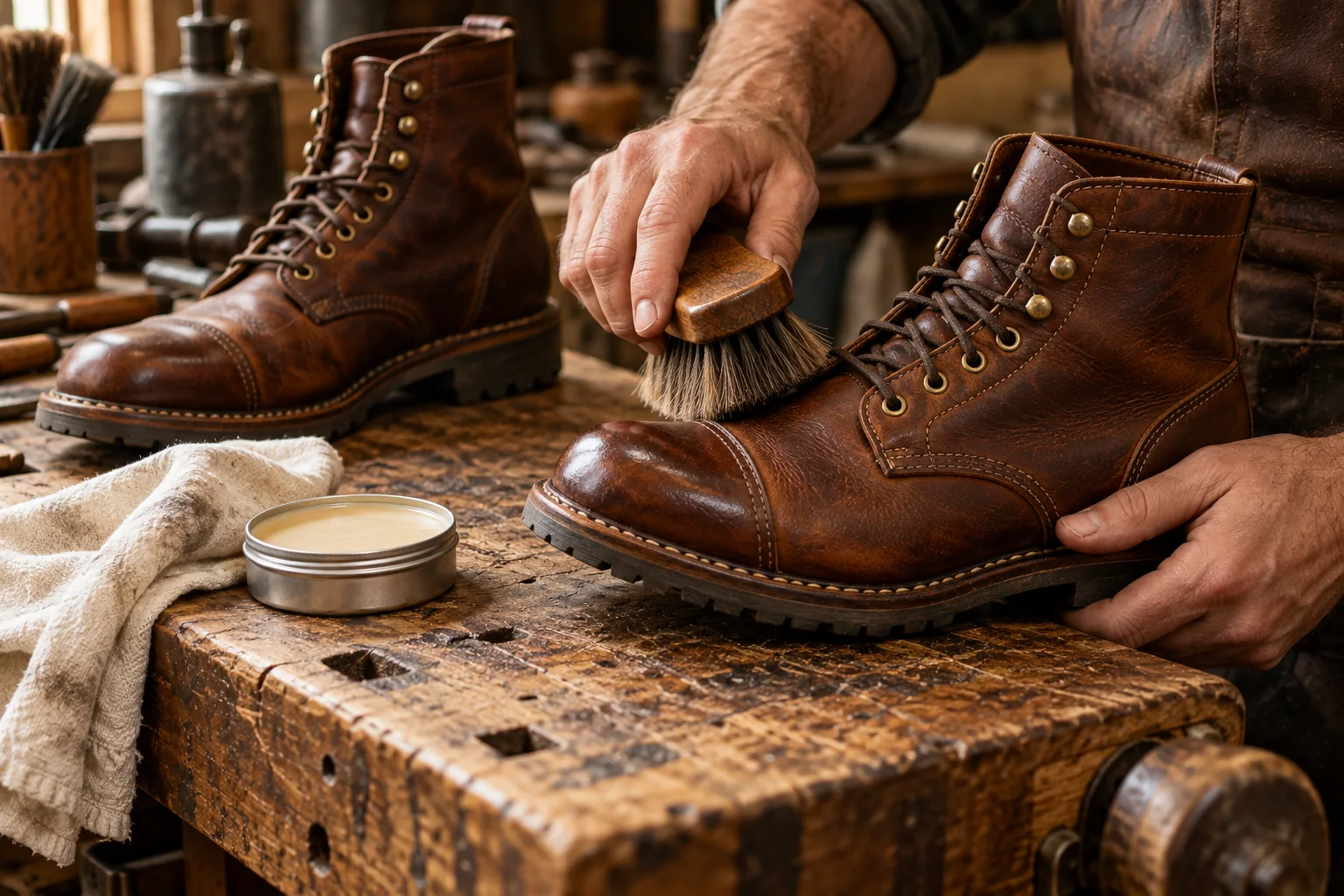 A brown leather boot being gently brushed on a cobbler’s workbench