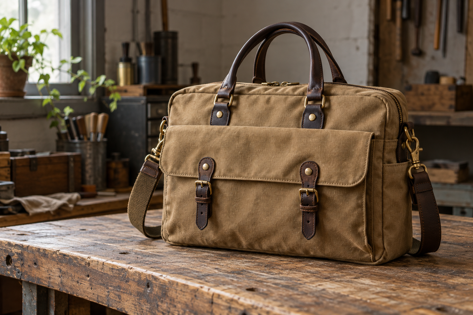 Illustrative editorial image of an unbranded tan twill briefcase with leather trim