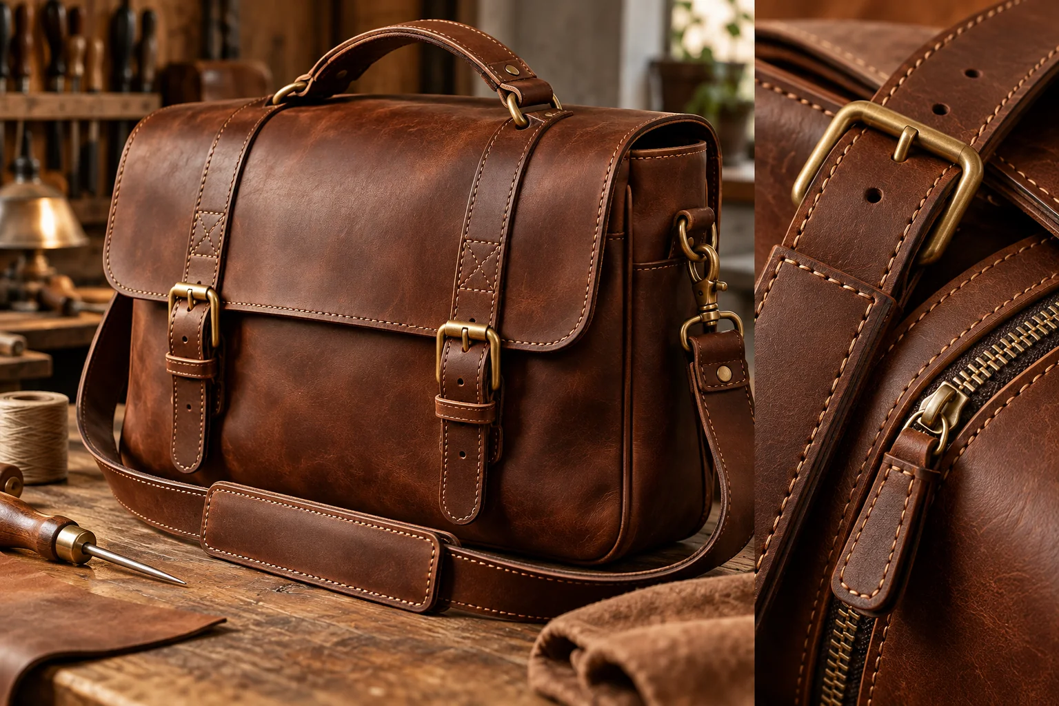 A cognac leather messenger bag showing reinforced handle attachments, stitching, brass hardware and a zip