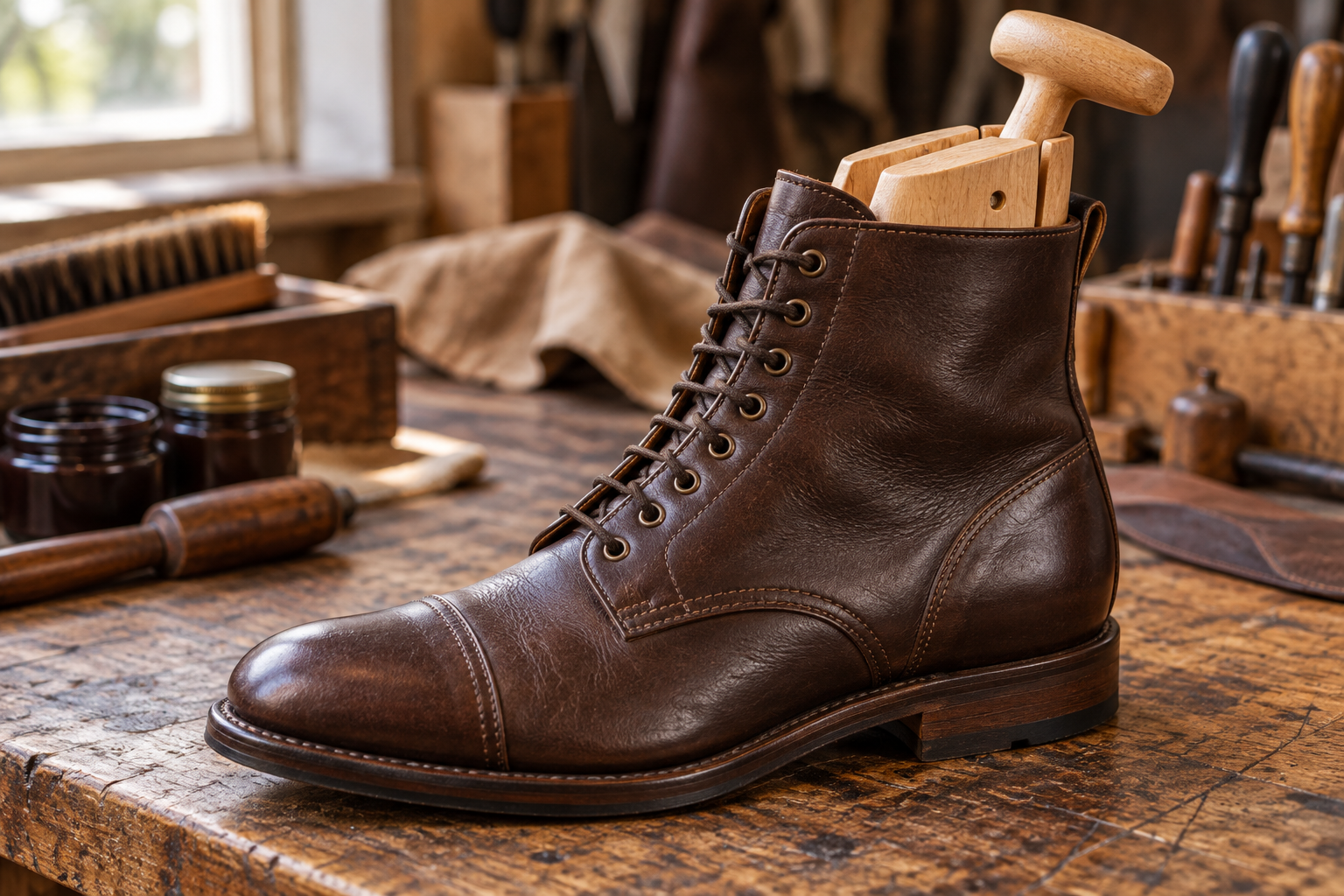 A brown leather lace-up boot with a wooden stretcher inserted on a cobbler's bench