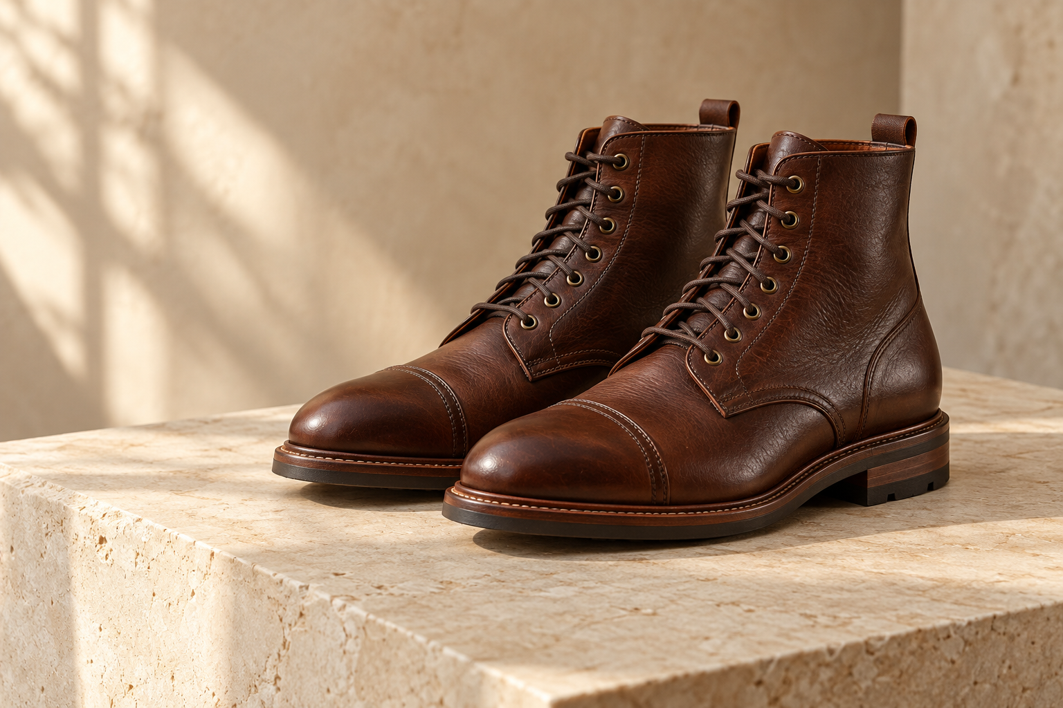 A pair of brown cap-toe leather boots photographed on a pale stone plinth