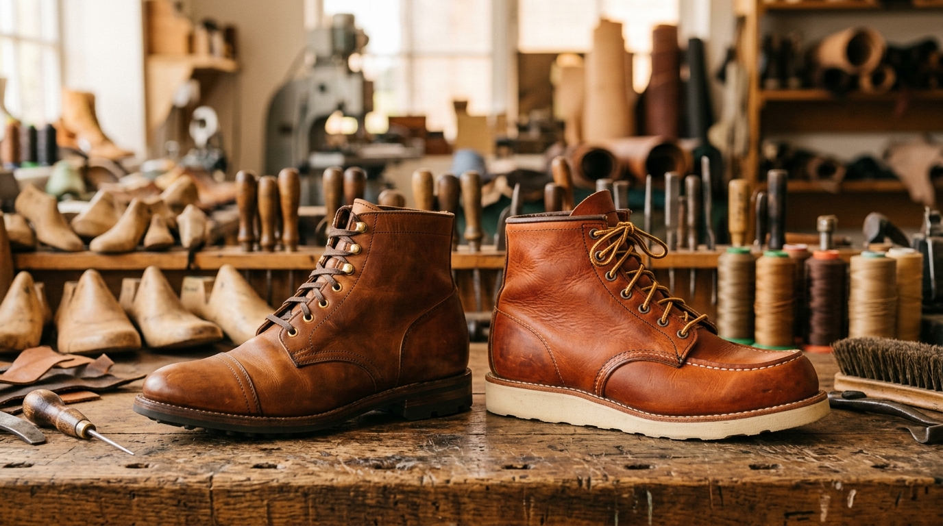Editorial illustration of a sleek service boot with studded rubber sole alongside a rugged moc-toe boot with wedge sole on a cobbler's workbench