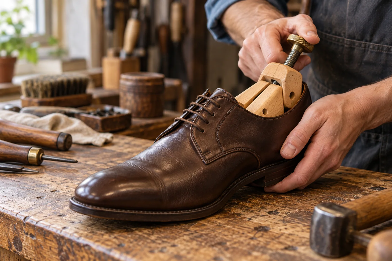 A cobbler carefully adjusts a wooden shoe stretcher inside a brown leather shoe