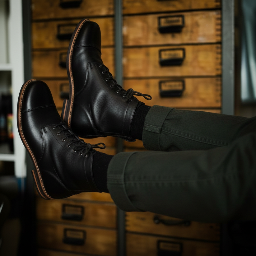A pair of black Old Mulla Tâmega boots shown in the official product gallery
