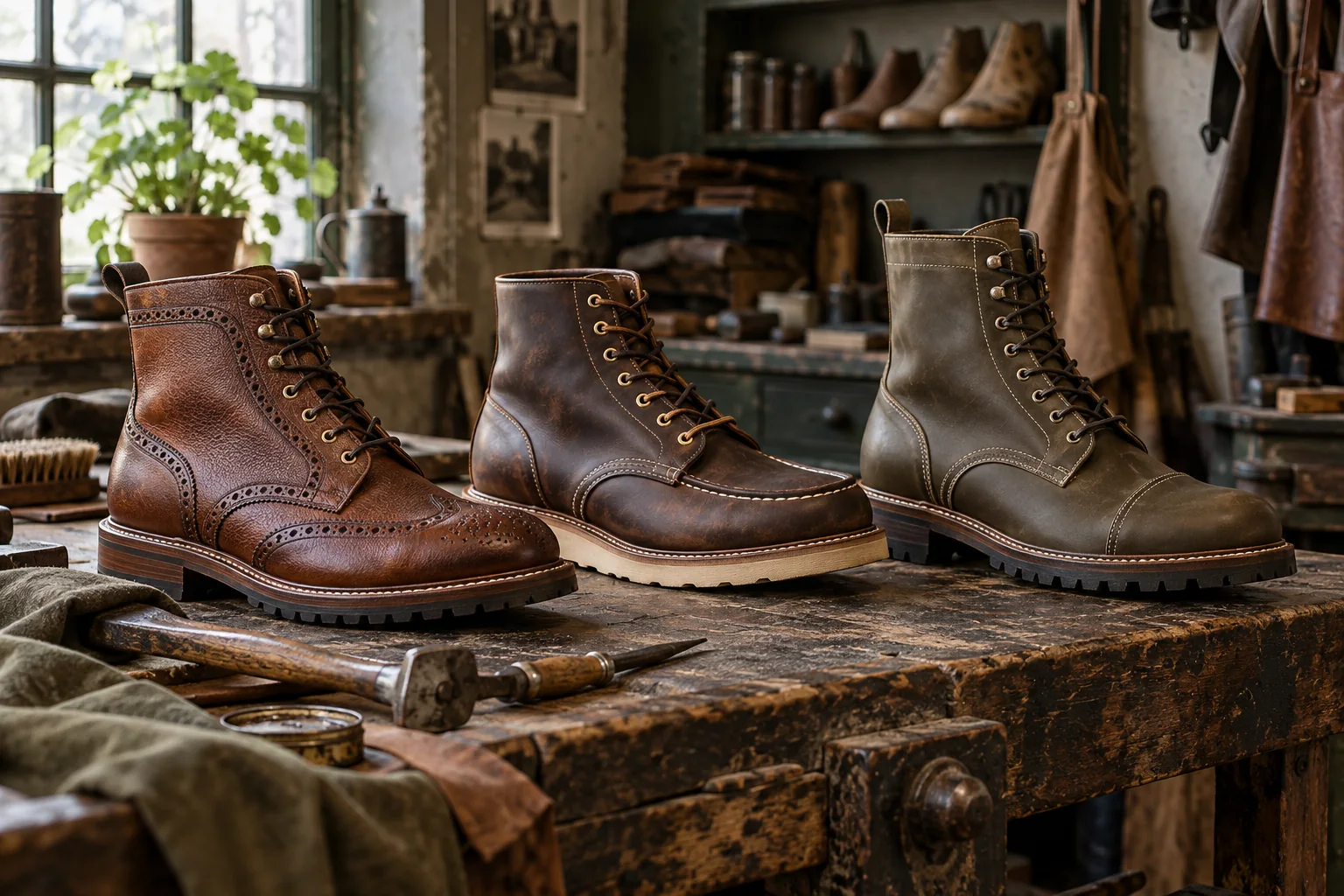 Three different rugged leather boots with brogue, moc-toe and field-boot silhouettes